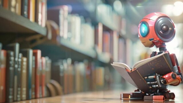 Cute little robot reading a book in the library