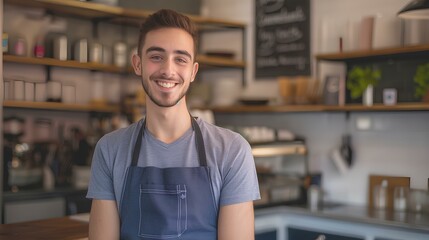 Naklejka premium Happy young male cafe owner standing with smiling at the camera in front of his shop interior, in the style of a portrait shot. generative AI