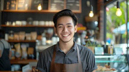 Fototapeta premium Happy young asian male cafe owner standing with smiling at the camera in front of his shop interior, in the style of a portrait shot. generative AI