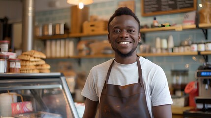 Happy young afro male cafe owner standing with smiling at the camera in front of his shop interior, in the style of a portrait shot. generative AI