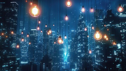 A futuristic cityscape with virtual lightbulbs integrated into buildings, highlighting the intersection of technology and creativity in urban environments.