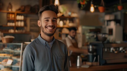 Fototapeta premium Happy young male cafe owner standing with smiling at the camera in front of his shop interior, in the style of a portrait shot. generative AI