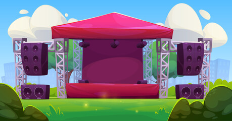 Outdoor music concert stage. Park festival open air show cartoon illustration. Summer rock fest activity entertainment. Abstract street wedding pop disco area for performance with amplifier background - obrazy, fototapety, plakaty