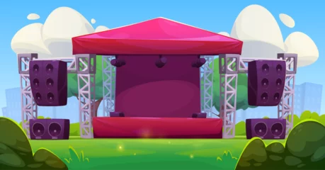  Outdoor music concert stage. Park festival open air show cartoon illustration. Summer rock fest activity entertainment. Abstract street wedding pop disco area for performance with amplifier background © klyaksun
