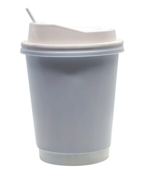 Photograph of a white paper coffee cup on a transparent white background.