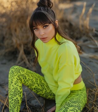 Woman in neon sportswear crouching outdoor. The image depicts a woman in bright neon yellow sportswear with leopard-print leggings crouching in a natural setting