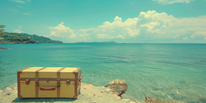 A yellow suitcase is sitting on a rock by the ocean. The scene is calm and peaceful, with the ocean stretching out in the background. The suitcase is a symbol of travel and adventure