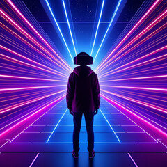 Futuristic technology background with a man in front of a colorful laser beam
