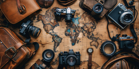 A collection of cameras and other travel accessories are arranged on a map. Concept of adventure and wanderlust - obrazy, fototapety, plakaty