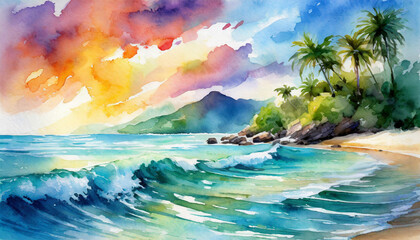 Exotic beaches in watercolor waves whispering tales of paradise; a wonderful place for trave - obrazy, fototapety, plakaty