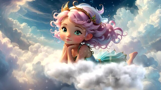 Little fairy flying on clouds