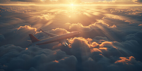 A red airplane is flying through a cloudy sky. The clouds are white and fluffy, and the sun is shining brightly through them. The scene is peaceful and serene - obrazy, fototapety, plakaty