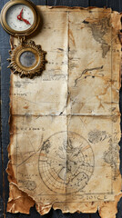 Fototapeta na wymiar A map with a compass on top of it. The map is old and worn, and the compass is gold. Scene is nostalgic and adventurous