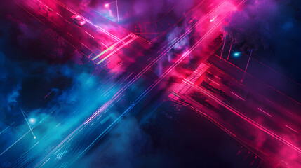 Obraz premium A city street with a car and a few lights. The lights are purple and blue. Scene is mysterious and surreal
