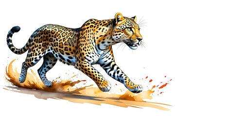 A tiger is running with illustration design and watercolor theme on white background