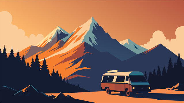 The sun began to set behind the snowcapped peaks casting a warm orange glow on the van parked at the base of the mountain ridge. Excited hikers