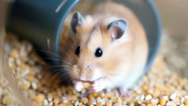 cute hamster nibbling seeds close-up, pet in its habitat enjoying a meal, animal care and love