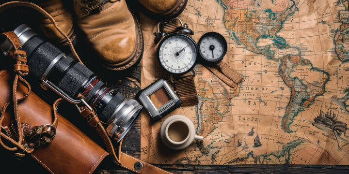 A map of the world is on a table with a camera, a watch, and a cup