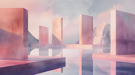 A pink and white cityscape with a mountain range in the background. The buildings are made of concrete and are arranged in a way that creates a sense of depth and perspective