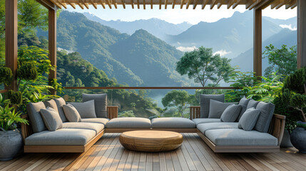 Fototapeta premium Wooden terrace with the sofa in the mountains
