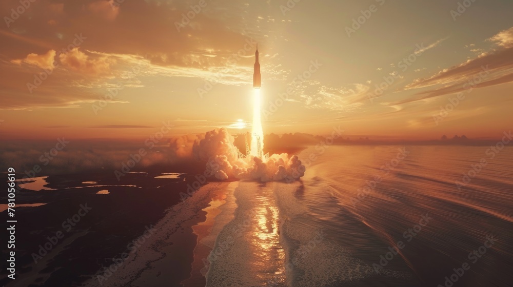 Poster a rocket launching into the sky at sunset. perfect for science and technology concepts