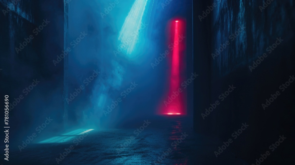 Poster A captivating image of red and blue light illuminating a dark room. Perfect for adding a dramatic touch to your projects