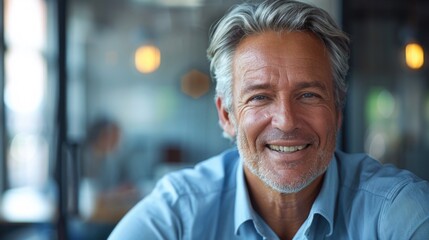A man with grey hair and a blue shirt smiling. Suitable for business and lifestyle concepts