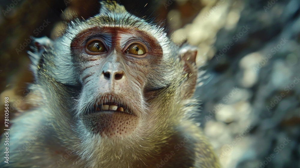 Poster close up of a monkey's face with a blurry background. suitable for nature and wildlife concepts