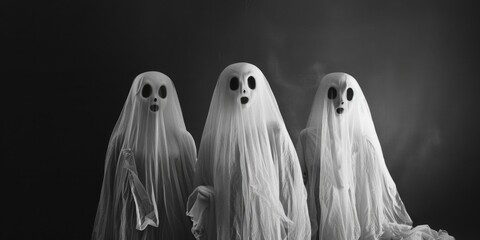 Image of three ghostly figures standing in a row. Suitable for Halloween themes