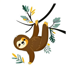 Naklejka premium Cute sloth perched on a branch, watercolor painting. Vector illustration, isolated on white background.