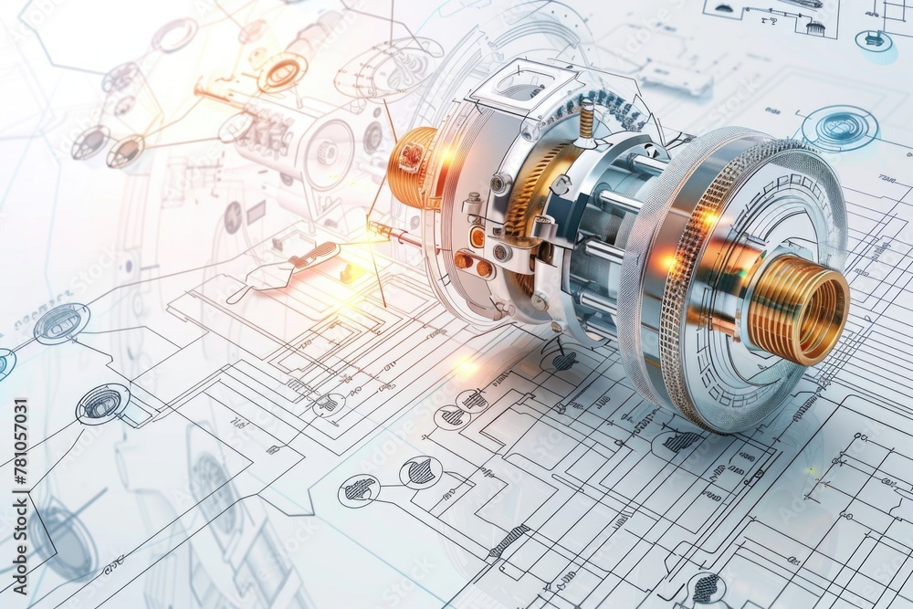 Poster Detailed view of a machine on a blueprint, suitable for technical concepts