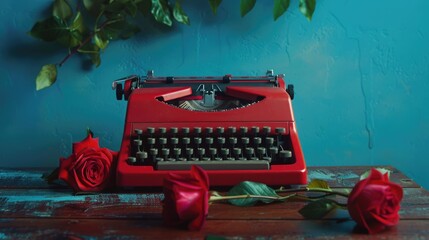 Vintage red typewriter on a rustic wooden table, perfect for adding a touch of nostalgia to your designs