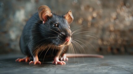 A black rat sitting on top of a cement floor. Suitable for pest control or animal behavior concepts