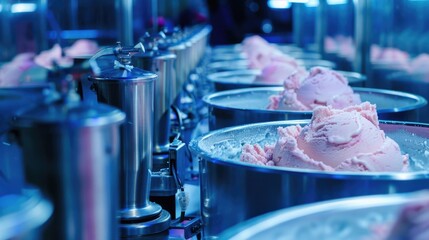 A line of ice cream cones on a conveyor belt. Perfect for food industry concepts