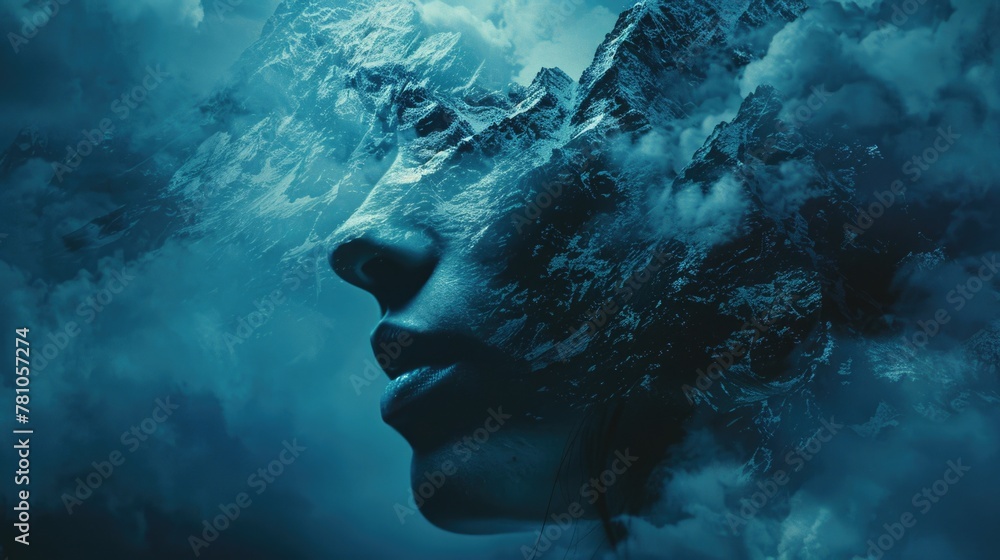 Poster a woman's face in the middle of a cloud filled sky. suitable for various conceptual and surrealistic