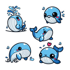 Cartoon Blue Whale Vector Set, featuring isolated, flat art illustrations on a white background. Perfect for design work.