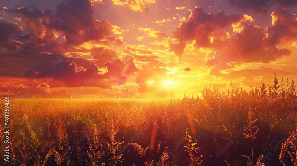 Poster sun setting over a field of tall grass, perfect for nature themes