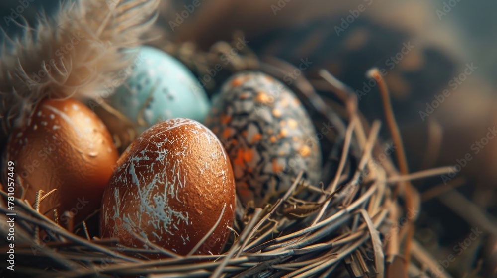 Poster close up of three eggs in a nest, suitable for various nature and wildlife themes