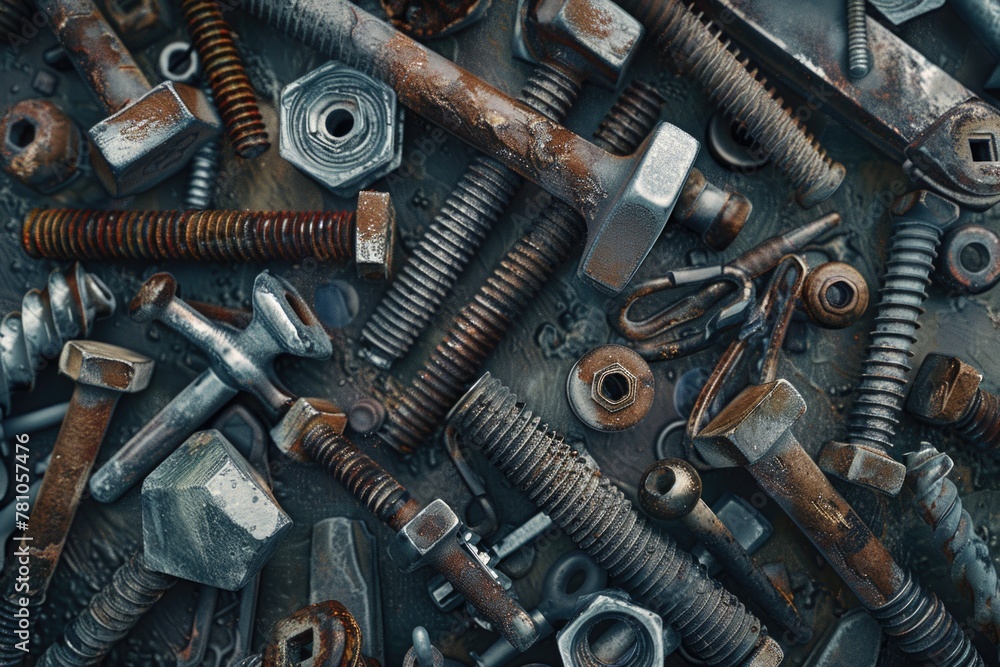 Poster various nuts and bolts scattered on a table, useful for diy projects
