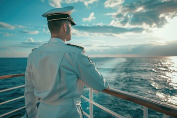 Obraz premium A man in a military uniform gazing at the ocean. Suitable for military-themed designs