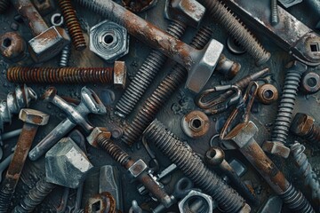 Various nuts and bolts scattered on a table, useful for DIY projects - obrazy, fototapety, plakaty