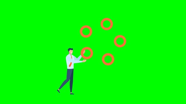 Businessman juggler with rings. Businessman showing her skills. Business skill. Wealth management. Career challenge. Control in management multitasking. 2d flat animation. Alpha channel. Chroma key