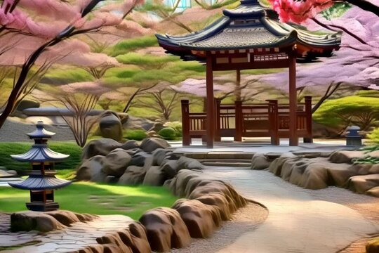 animation, motion effect, animation, motion effect,  Japanese garden, delicate shades of pink infused the landscape, painting a serene picture of natural beauty (60 fps 8 sec.)