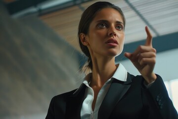 Professional woman in business attire pointing, suitable for corporate use
