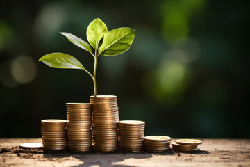 Growing plants on coins stacked on green blurred backgrounds and natural light with financial ideas.
