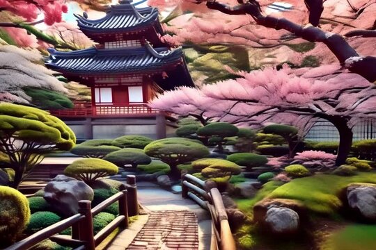 animation, motion effect,  Japanese garden, delicate shades of pink infused the landscape, painting a serene picture of natural beauty (60 fps 8 sec.)