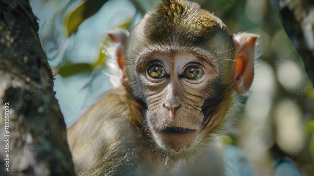 Poster close up of a monkey's face in a tree. suitable for nature and wildlife concepts