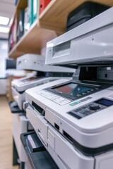 A group of printers stacked on top of each other. Suitable for technology and office related projects