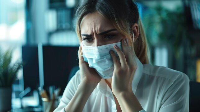 A woman wearing a face mask talking on her cell phone. Suitable for health and communication concepts