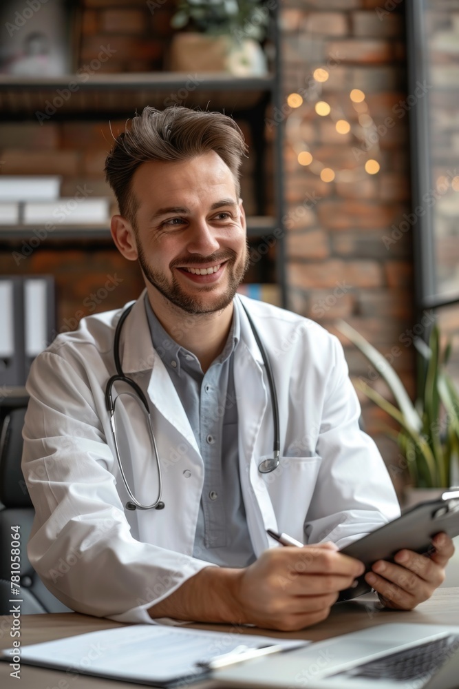 Poster a man in a white lab coat sitting at a desk. suitable for scientific and research concepts